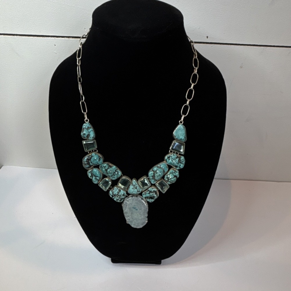 Eye-Catching Turquoise, Solar Quartz And Faceted Blue Gemstone, Sterling Silver